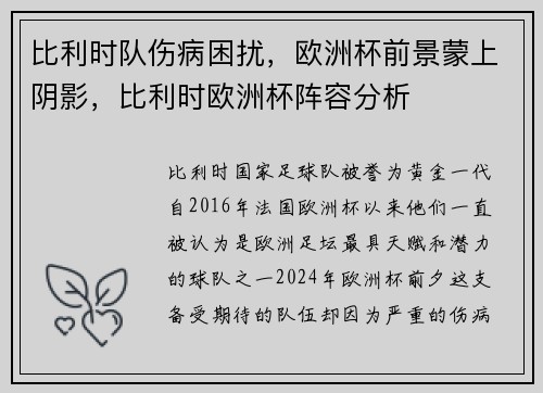 比利时队伤病困扰，欧洲杯前景蒙上阴影，比利时欧洲杯阵容分析